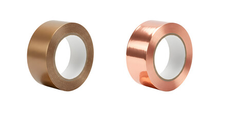 Two rolls of shiny adhesive tape in copper and bronze colors isolated on white background, perfect for crafting and packaging projects