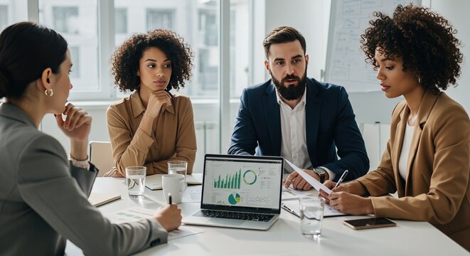 Diverse team of professionals in a strategic planning session, collaborating and analyzing financial charts on a laptop in a modern conference room