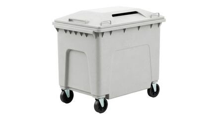White plastic wheeled dumpster bin for waste disposal and recycling, isolated on white background
