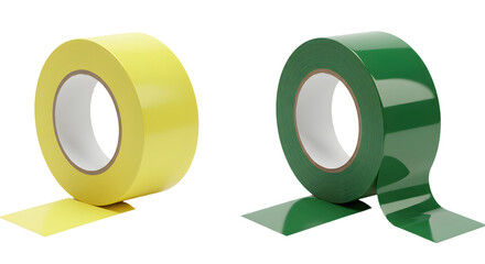 Yellow and green rolls of adhesive packing tape isolated on white, perfect for packaging and shipping tasks