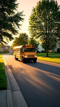 School bus driving along a quiet suburban street during sunset with lush trees and green lawns