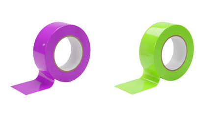 Purple and green adhesive tape rolls for crafting, packaging, and office use, isolated on white background, perfect for DIY projects
