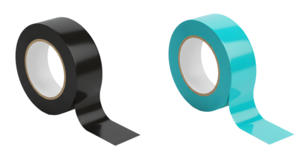 Rolled electrical tape in black and turquoise colors isolated on white background, useful for repair and insulation work