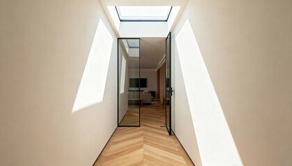 Minimalist hallway with skylight, herringbone wood floor, and glass door accent 
