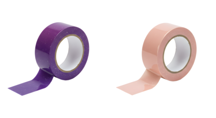 Two rolls of adhesive tape in purple and peach colors isolated on white background, useful for packaging and craft projects