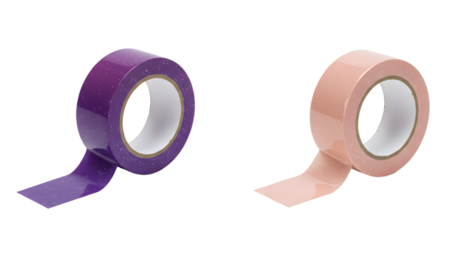 Two rolls of adhesive tape in purple and peach colors isolated on white background, useful for packaging and craft projects
