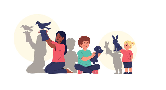 Children creating shadow puppets with hands and toys.