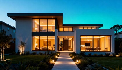 Obraz premium Contemporary villa with large glass facade, flat roof, and warm interior lighting at dusk 
