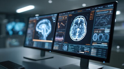 Magnetic Resonance Imaging brain scans displayed on multiple computer windows, detailed patient brain MRI results with medical data overlays, professional research laboratory environment.