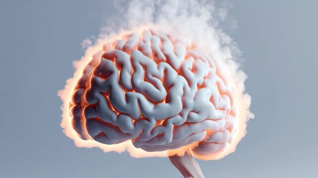 A human brain appears to be smoldering with glowing orange heat beneath its surface.