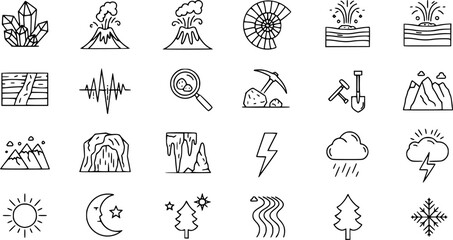 Fototapeta premium Linear icons of geology and natural phenomena featuring crystals, volcanoes, and fossils 