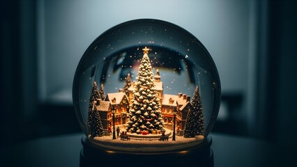 A snow globe containing a miniature Christmas tree surrounded by houses and trees, illuminated with warm light, against a dark background.