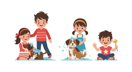 Obraz premium Children happily bathing and grooming their pet dogs.