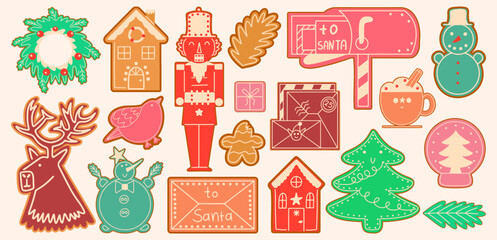 Christmas gingerbread cookie set. Xmas biscuit. Winter festive vector collection. Funny bread snowman,  nutcracker, reindeer, wreath and other winter festive element