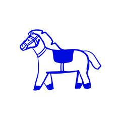 Childlike drawing. Hand drawn horse with bridle and saddle. Simple kid vector illustration