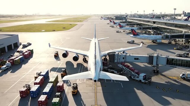 Airplane Taxiing on Airport Tarmac with Ground Support Vehicles and Passenger Jets in Background