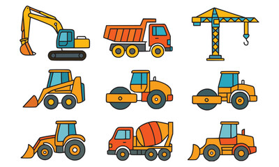 yellow bulldozer excavator and set of construction machines and trucks