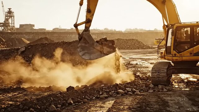 Excavator Digging Earth at Construction Site in Sunset Lighting