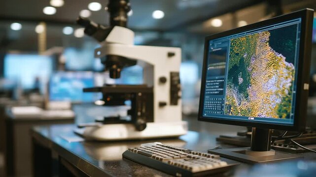 Atomic force microscopes probe surfaces in a nanotechnology lab with cantilevers scanning screens showing topography samples mounted on stages and vibration isolators damping