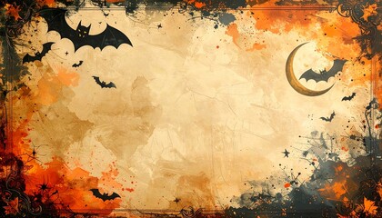 Vintage Halloween poster with parchment orange brown tones and decorative gothic border
