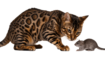 Adult Bengal cat looking down and trying to catch a mouse, playful hunting instinct of exotic spotted feline breed, isolated on white background. Pet behavior, predator instinct, wildlife and domestic