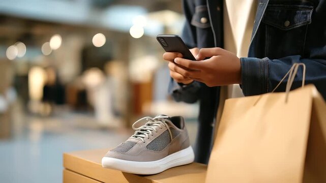 During a shopping day a teenager scrolls through a phone its case scuffed for reviews in a shoe store its racks metal and squeaky. A paper shopping bag its handles twisted