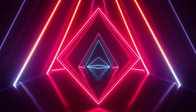 Abstract geometric tunnel with vibrant neon lights creating symmetrical reflections and futuristic ambiance.