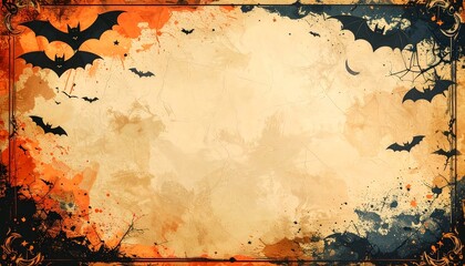 Vintage Halloween poster with parchment orange brown tones and decorative gothic border