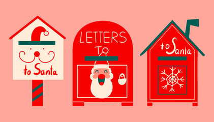 Set of mailboxes for letters to Santa Claus. Christmas holiday flat design elements. Happy New Year artwork. Elements for banners, posters, and social media.