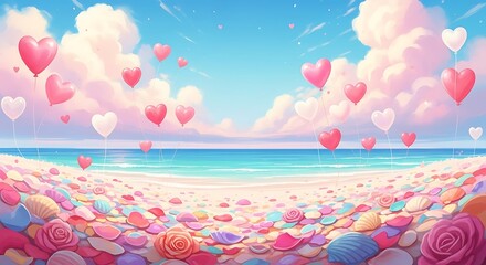 Beach Scene With Heart Balloons, Seashells, And Roses Under A Blue Sky heart shape sand