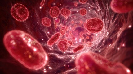 Microscopic background of red blood cells flowing inside blood vessels with scattered bacteria, detailed biological visualization, vibrant crimson and plasma tones, realistic cellular textures.