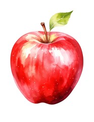 Obraz premium A vibrant red apple with a glossy surface, featuring a fresh green leaf perched on top, resting on a rustic wooden table.