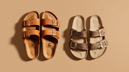 Two pairs of stylish birkenstock sandals, one in tan leather and the other in gray, are arranged on a neutral background, showcasing footwear fashion