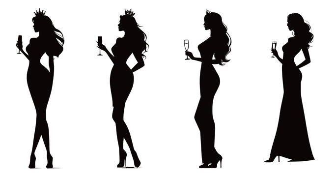 Four stylish women in elegant dresses hold glasses while posing gracefully. They celebrate at a high-class event, exuding sophistication and charm.