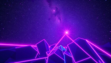 A vibrant, neon-lit landscape featuring geometric mountains under a starry, purple-hued night sky with a prominent nebula.
