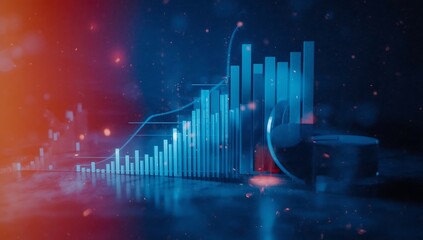 Futuristic glowing blue bar graph with data visualization and abstract background