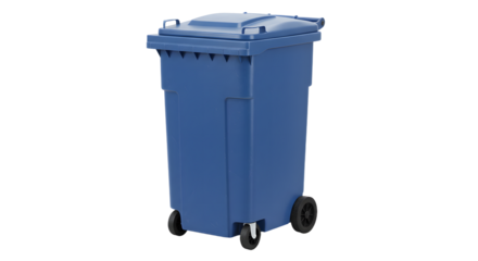 Blue wheeled garbage bin isolated on white background for waste collection and recycling, perfect for environmental and sanitation projects