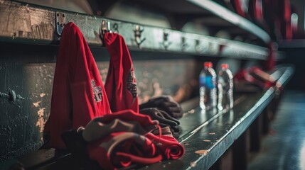 Naklejka premium Football bench in locker room with half-empty water bottles