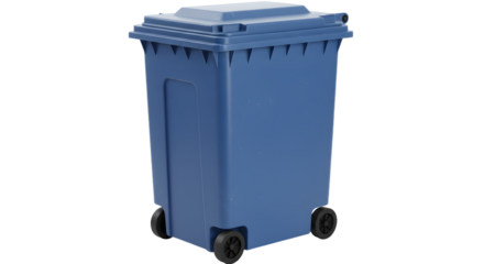 Blue plastic wheeled trash bin isolated on white background suitable for waste management and recycling