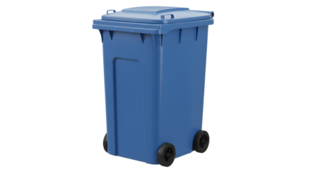 Blue wheeled recycling bin isolated on white background, waste management and environmental recycling concept