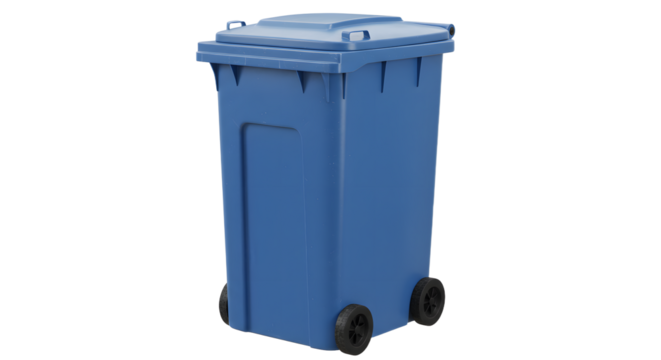 Blue wheeled recycling bin isolated on white background, waste management and environmental recycling concept - Powered by Adobe