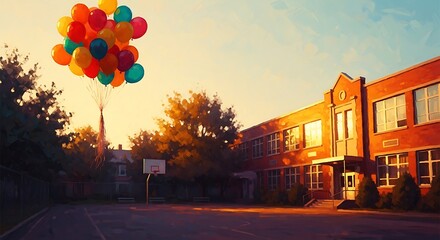 Colorful Balloons Floating Above Schoolyard with Brick Building image photo