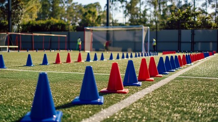 Football field at dawn with yellow training cones