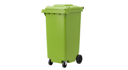 Green plastic outdoor garbage bin with wheels isolated on white background, ideal for waste management and recycling