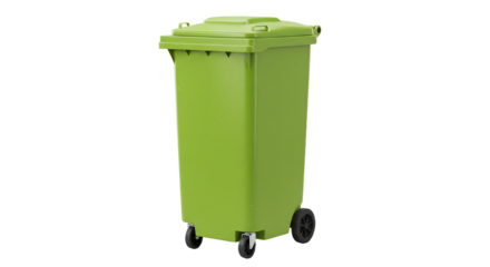 Green plastic outdoor garbage bin with wheels isolated on white background, ideal for waste management and recycling