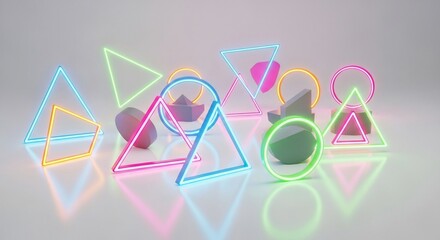Vibrant Neon Geometric Shapes Arrangement Against a Neutral Background