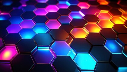 Vibrant, high-definition wallpaper featuring a dynamic pattern of colorful hexagons in various shades, creating an eye-catching geometric design.