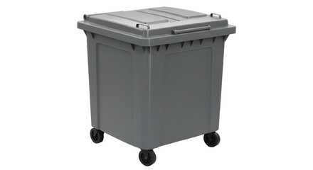 Large grey plastic wheeled trash bin or dumpster on a white background, suitable for waste management and recycling use