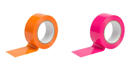 Bright orange and pink adhesive tape rolls isolated on white background, useful for crafts and packaging projects