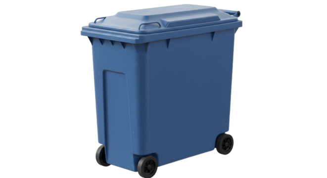 Blue plastic wheeled trash bin isolated on white background, waste management container, perfect for recycling and garbage disposal - Powered by Adobe